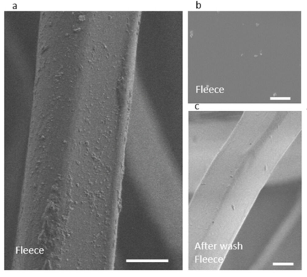 Unter dem Rasterelektronenmikroskop sind die Nanopartikel an der Oberfläche der Fleece-Faser sichtbar (a). Beim Waschen lösen sich die Partikel (b), sodass nach vier Wäschen kaum noch welche übrig sind.